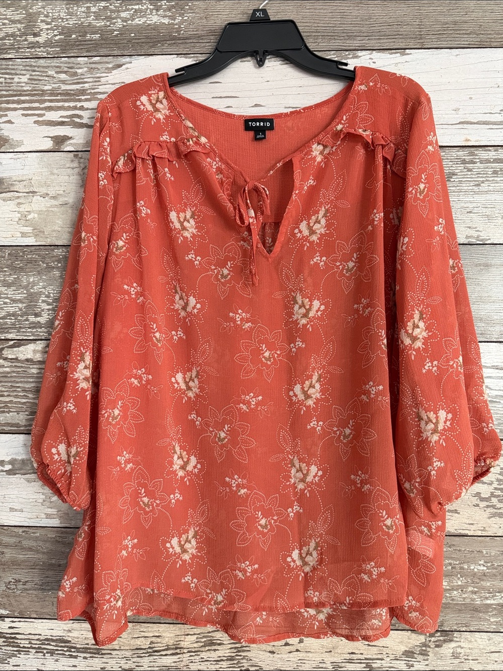 Torrid Coral Floral Tie-Neck Peasant Blouse 1x